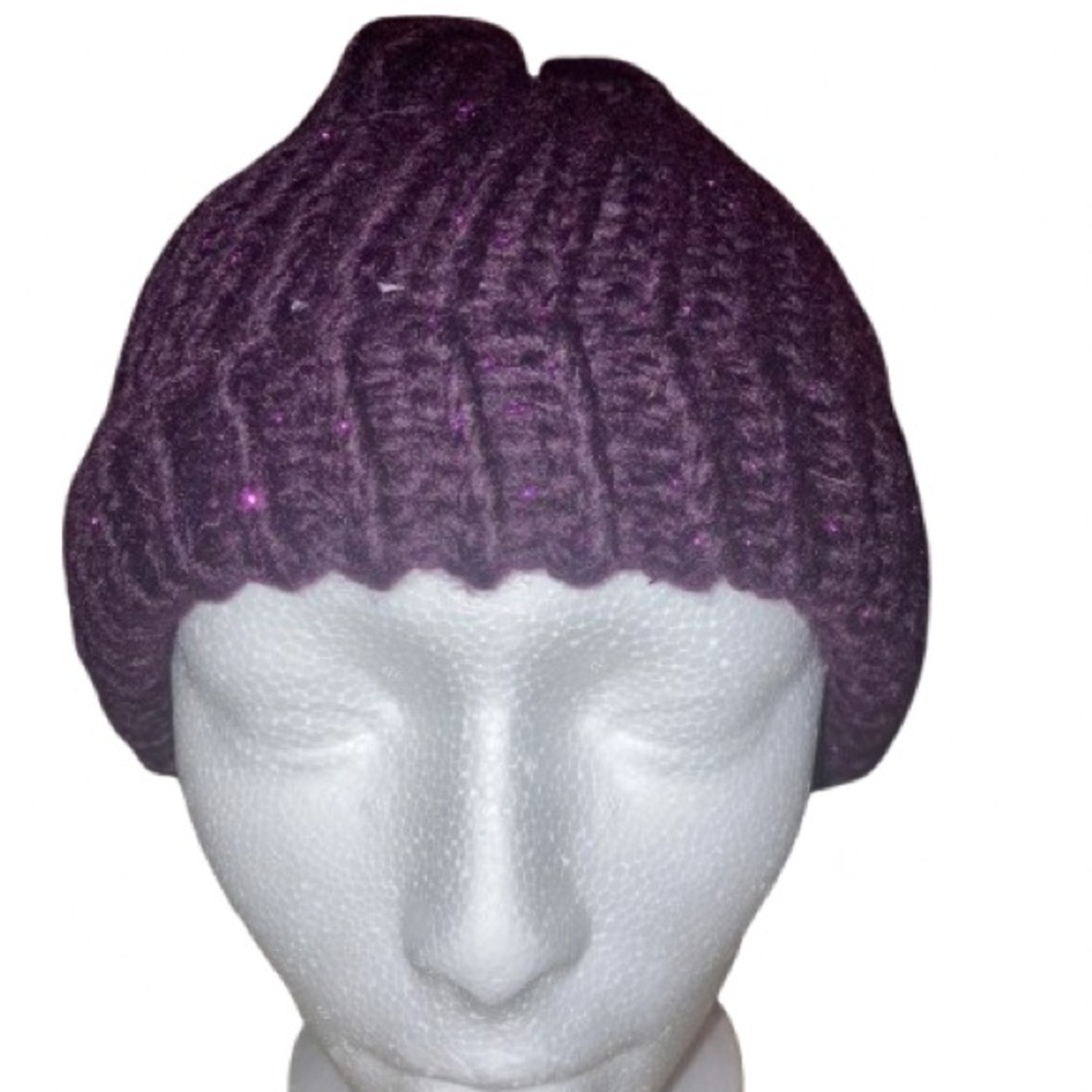 Handmade purple knit beanie hat with shimmer for adults